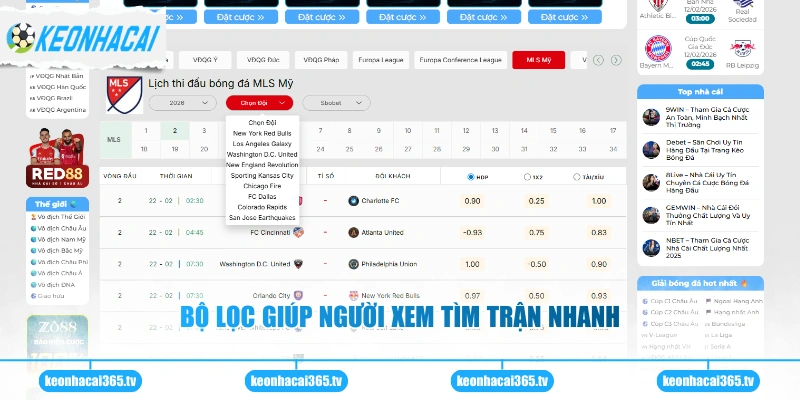 Bộ lọc giúp người xem tìm trận nhanh